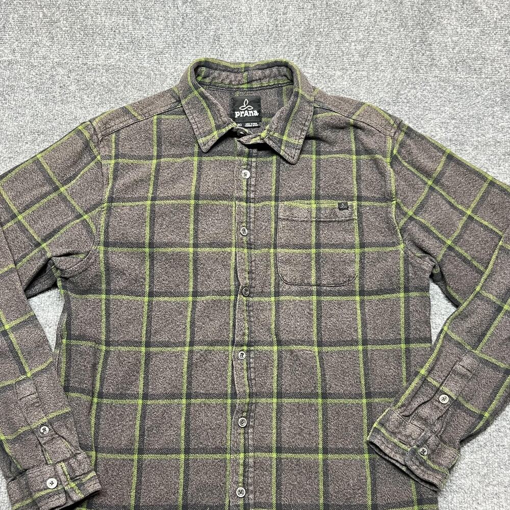 PrAna Shirt Mens Large Gray Green Plaid Flannel Button Front Long Sleeve Casual
